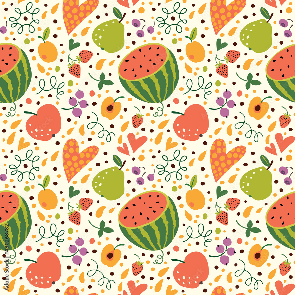 Fototapeta premium Seamless pattern with watermelons, pineapples, apples and pears.