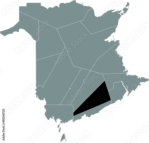 Black flat blank highlighted location map of the KINGS COUNTY inside gray administrative map of counties of Canadian territory of New Brunswick, Canada