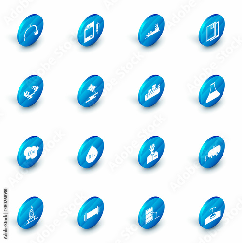 Set Contract money and pen, Oil tanker ship, Barrel oil, Wrecked, CO2 emissions in cloud, leak, petrol test tube and icon. Vector