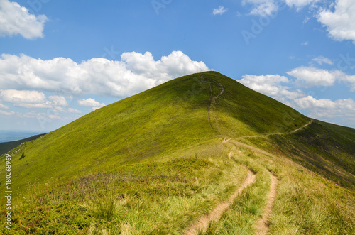 Green mountains and touristic мountain path to the peak of the mount on summer day. Carpathians, Ukraine
