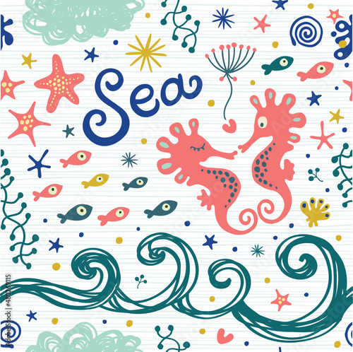 Seamless vector background with cute seahorses, fish, starfish. 
