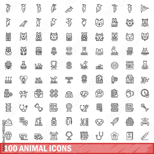 100 animal icons set. Outline illustration of 100 animal icons vector set isolated on white background