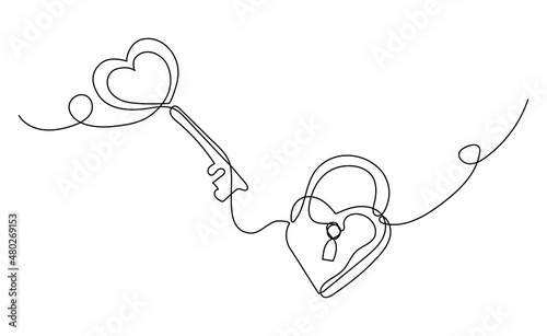 Continuous one line drawing of a heart shaped lock and key. Vector illustration