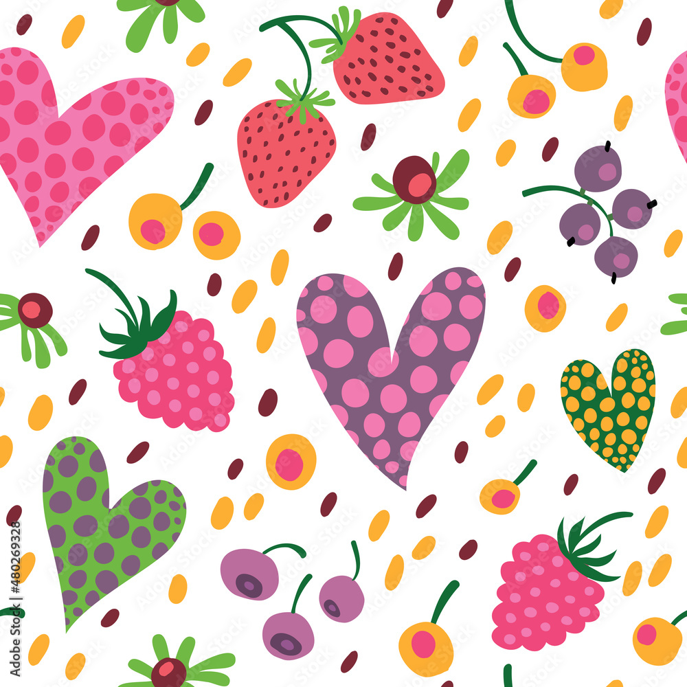 Seamless pattern with hearts, raspberries, strawberries and flowers. Juicy summer style.