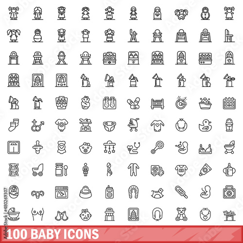 100 baby icons set. Outline illustration of 100 baby icons vector set isolated on white background