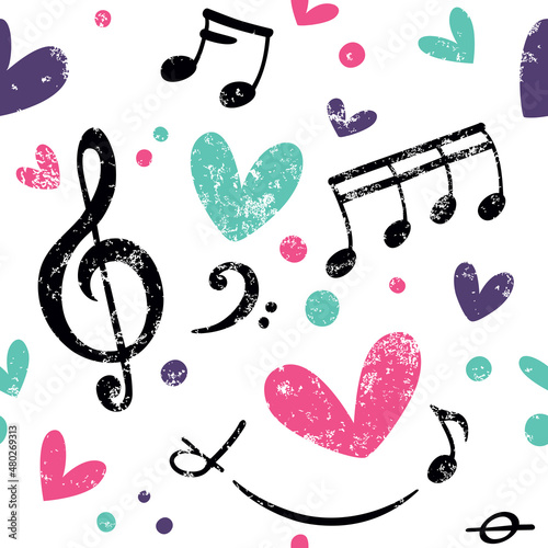 Simple pattern with hearts, triple clef and notes. Great for baby, Valentine's Day, Mother's Day, wedding, notebook, surface textures.