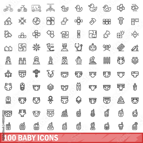 100 baby icons set. Outline illustration of 100 baby icons vector set isolated on white background