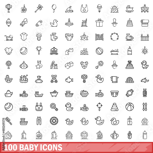100 baby icons set. Outline illustration of 100 baby icons vector set isolated on white background