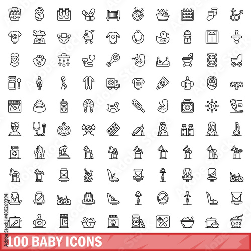 100 baby icons set. Outline illustration of 100 baby icons vector set isolated on white background