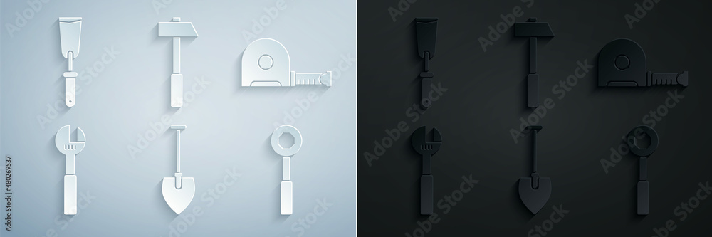 Set Shovel, Roulette construction, Adjustable wrench, Wrench spanner, Hammer and Putty knife icon. Vector Set Shovel, Roulette construction, Adjustable wrench, Wrench spanner, Hammer and Putty knife icon. Vector