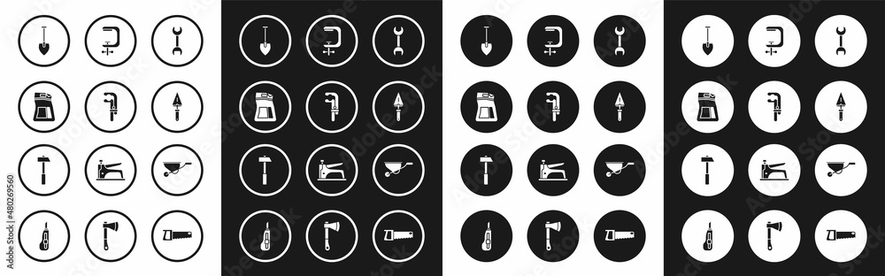 Set Wrench spanner, Clamp tool, Cement bag, Shovel, Trowel, and screw, Wheelbarrow and Hammer icon. Vector