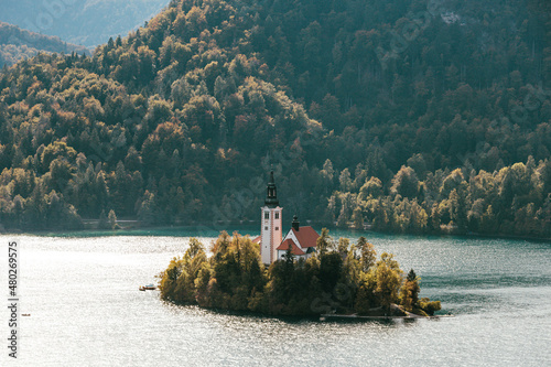 Castle on Lake Bled, Slovenia, overlooking the mountains, close-up