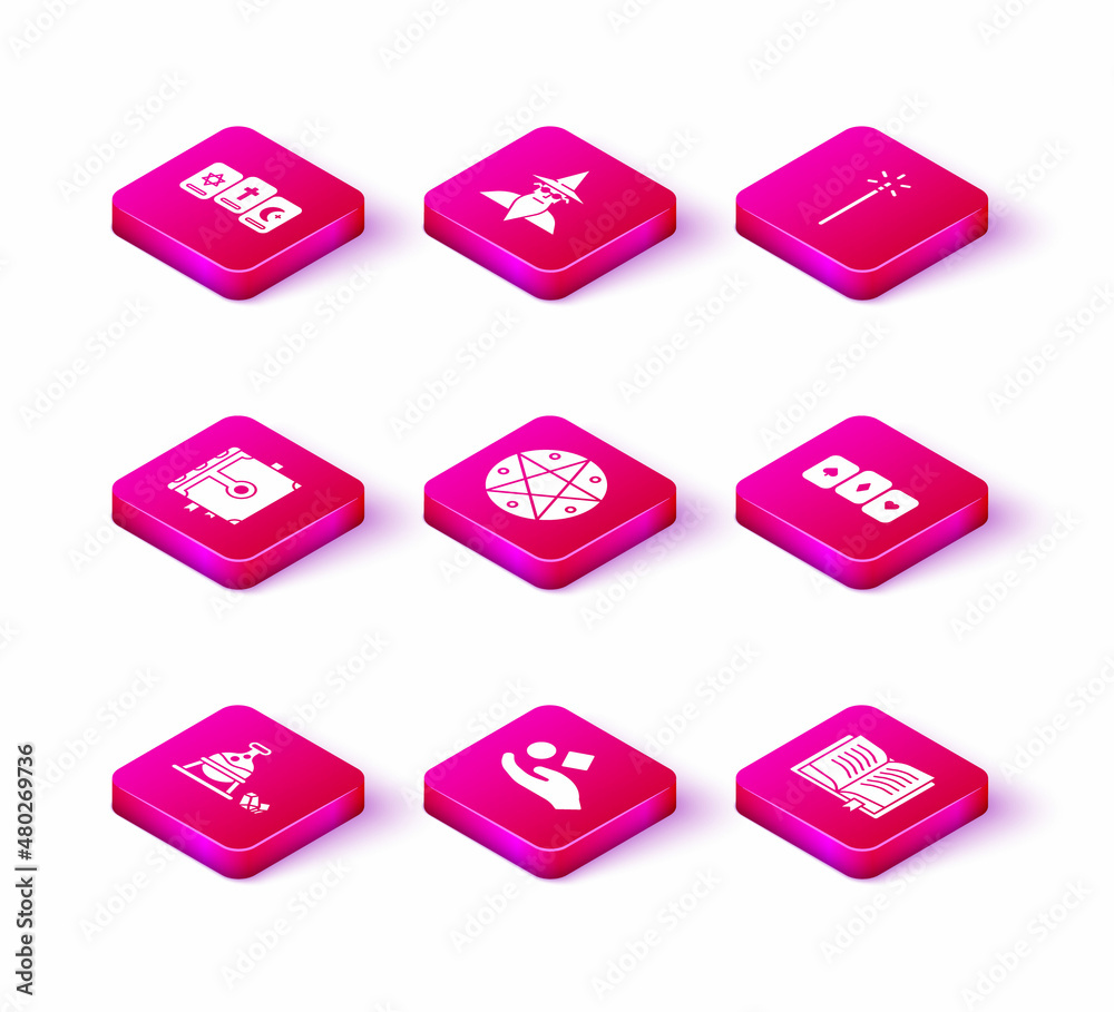 Set Witch cauldron and magic stone, Cube levitating above hand, Ancient book, Pentagram circle, Playing cards, Magic wand and Wizard warlock icon. Vector Set Witch cauldron and magic stone, Cube levitating above hand, Ancient book, Pentagram circle, Playing cards, Magic wand and Wizard warlock icon. Vector