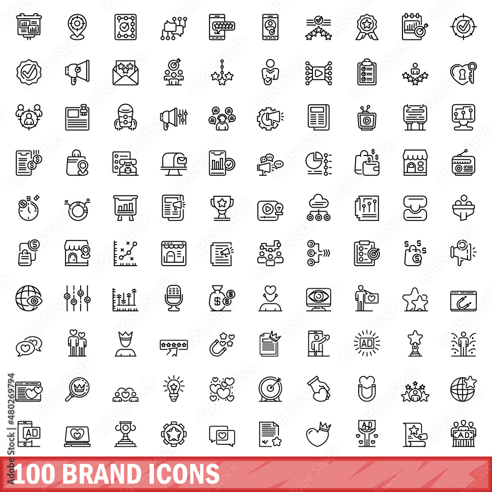 100 brand icons set. Outline illustration of 100 brand icons vector set isolated on white background
