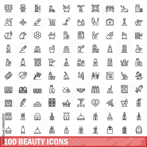 100 beauty icons set. Outline illustration of 100 beauty icons vector set isolated on white background