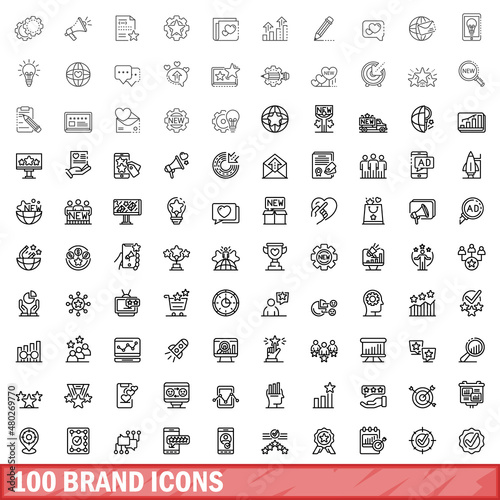 100 brand icons set. Outline illustration of 100 brand icons vector set isolated on white background