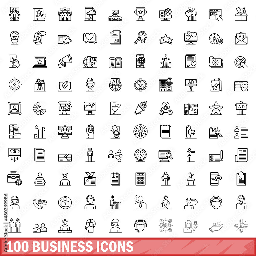 100 business icons set. Outline illustration of 100 business icons vector set isolated on white background 100 business icons set. Outline illustration of 100 business icons vector set isolated on white background