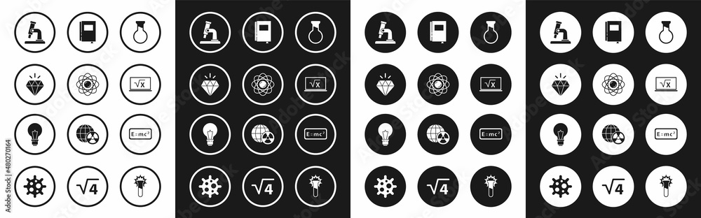 Set Test tube and flask, Atom, Diamond, Microscope, Square root of x glyph, Book, Equation solution and Light bulb with concept idea icon. Vector