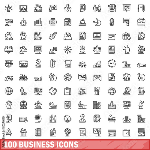 100 business icons set. Outline illustration of 100 business icons vector set isolated on white background