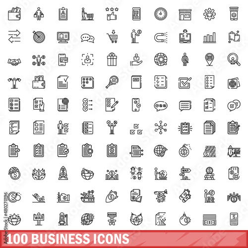 100 business icons set. Outline illustration of 100 business icons vector set isolated on white background