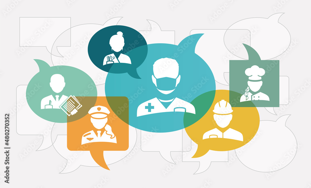 Naklejka premium Professions / career vector illustration. Concept with speech bubbles and silhouettes of different professional occupations - apprenticeship, workers, employees or vocational training.