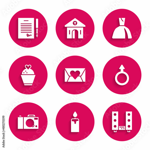 Set Envelope with Valentine heart, Burning candle, Home stereo two speakers, Male gender symbol, Photo camera, Wedding cake, Woman dress and Marriage contract icon. Vector