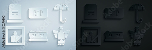 Set Coffin with dead, Umbrella, Mourning photo frame, Christmas angel, Speech bubble rip death and Grave tombstone icon. Vector