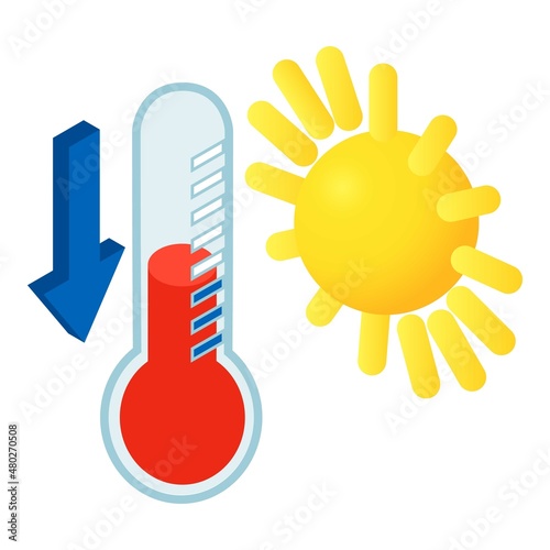 Temperature drop icon isometric vector. Thermometer with down arrow, shining sun. Weather forecast, lowering temperature