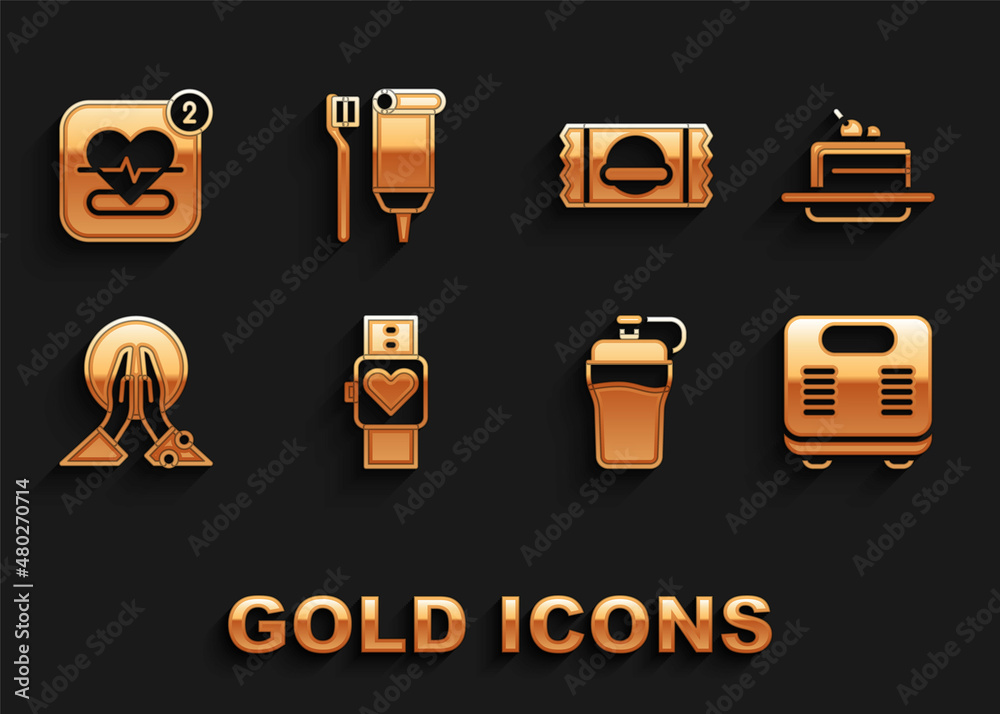 Set Smart watch, Cake, Bathroom scales, Fitness shaker, Meditation, Sports nutrition, Mobile with heart rate and Toothbrush and toothpaste icon. Vector Set Smart watch, Cake, Bathroom scales, Fitness shaker, Meditation, Sports nutrition, Mobile with heart rate and Toothbrush and toothpaste icon. Vector