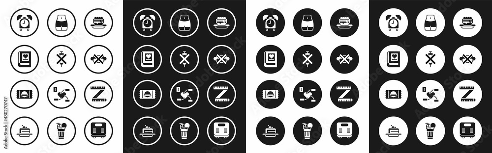 Set Junk food, No doping syringe, Medical book, Alarm clock, junk, Women waist, Tape measure and Sports nutrition icon. Vector Set Junk food, No doping syringe, Medical book, Alarm clock, junk, Women waist, Tape measure and Sports nutrition icon. Vector