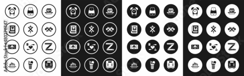 Set Junk food, No doping syringe, Medical book, Alarm clock, junk, Women waist, Tape measure and Sports nutrition icon. Vector