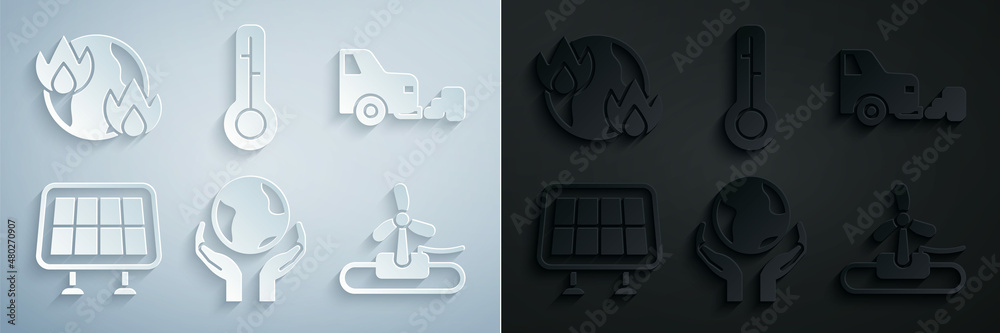 Set Hands holding Earth globe, Car exhaust, Solar energy panel, Wind turbine, Meteorology thermometer and Global warming fire icon. Vector