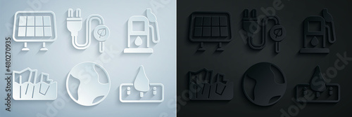 Set Earth globe, Petrol or gas station, Glacier melting, Deforestation, Electric saving plug leaf and Solar energy panel icon. Vector