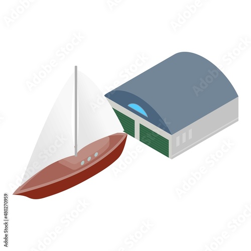Sailing yacht icon isometric vector. New beautiful sailboat near pavilion icon. Yachting, sailing, regatta