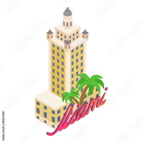 Miami city icon isometric vector. Freedom tower landmark and lettering miami. Beautiful high building, mediterranean style, national monument