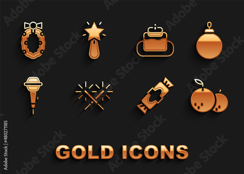 Set Sparkler firework, Christmas ball, Tangerine, Candy, Microphone, Cake, wreath and star icon. Vector