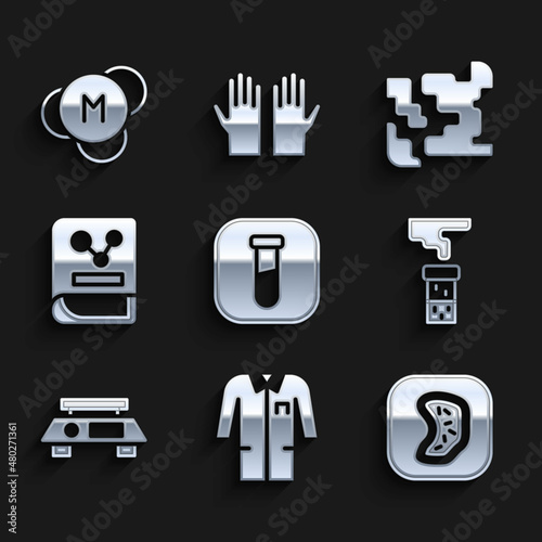 Set Test tube and flask, Laboratory uniform, Bacteria, Electronic scales, Chemistry book, Gaseous and Molecule icon. Vector