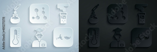 Set Laboratory assistant, Test tube and flask, Medical thermometer, Broken, Chemical formula and icon. Vector