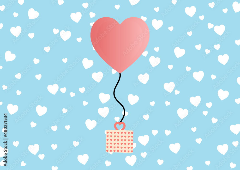 Vector illustration heart floating with gift in blue sky background, love concept on wedding or valentines's day, romantic concept