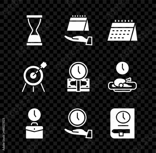 Set Old hourglass with sand, Calendar, Work time, Clock, Time for book, Target sport and is money icon. Vector