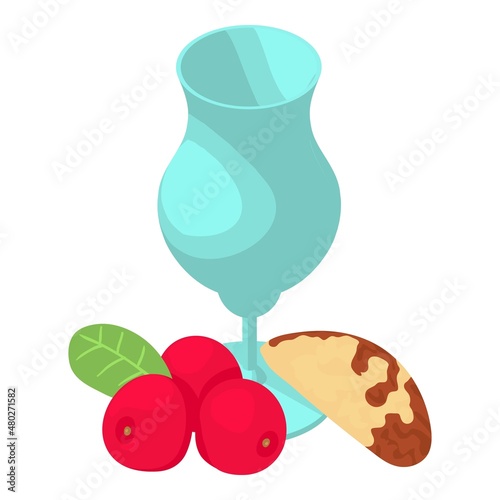 Vegan product icon isometric vector. Glass goblet, brazil nut and red cranberry. Natural ingredient, healthy food, still life, beautiful composition