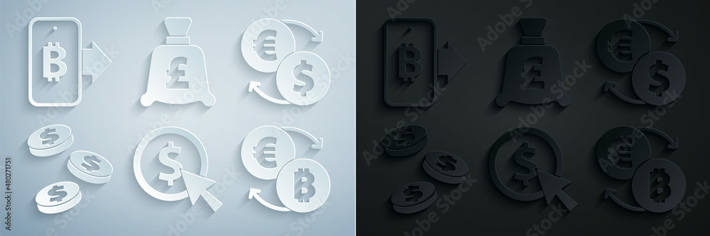 Set Coin money with dollar, Money exchange, Cryptocurrency, pound and Mining bitcoin from mobile icon. Vector Set Coin money with dollar, Money exchange, Cryptocurrency, pound and Mining bitcoin from mobile icon. Vector