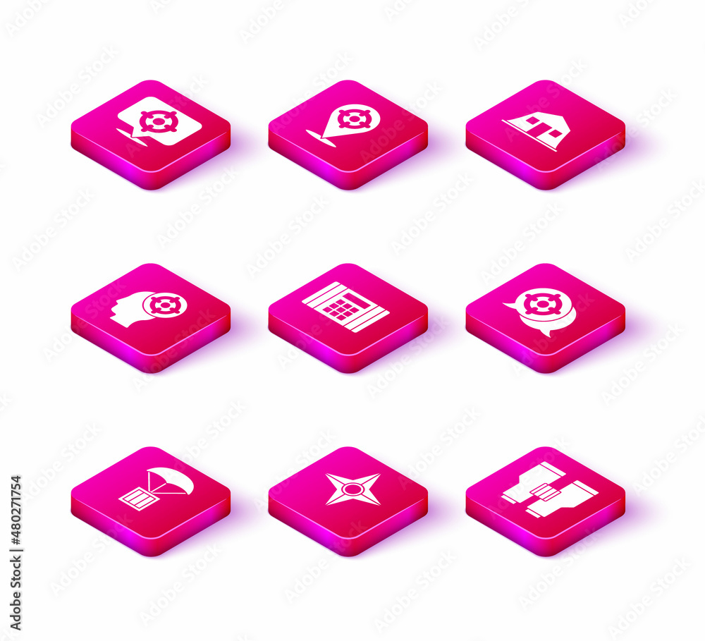 Set Airdrop box, Japanese ninja shuriken, Target sport, Dynamite bomb, Binoculars, Military barracks and icon. Vector Set Airdrop box, Japanese ninja shuriken, Target sport, Dynamite bomb, Binoculars, Military barracks and icon. Vector