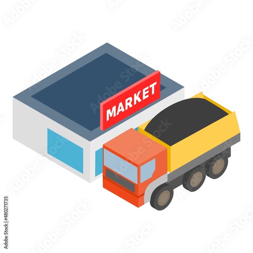 Coal transportation icon isometric vector. Dump truck with coal, market building. Supply of energy resource, extractive industry