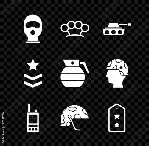 Set Balaclava, Brass knuckles, Military tank, Walkie talkie, helmet, rank, and Hand grenade icon. Vector