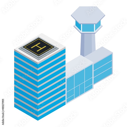 Airport building icon isometric vector. Terminal building and rooftop helipad. Control tower, transport infrastructure, civil aviation