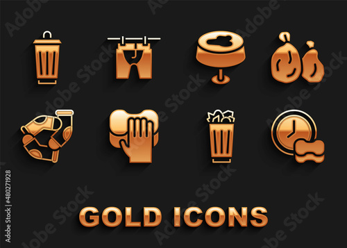 Set Cleaning service, Garbage bag, Washing dishes, Full trash can, Socks, Stain on the tablecloth, Trash and Drying clothes icon. Vector © Oksana