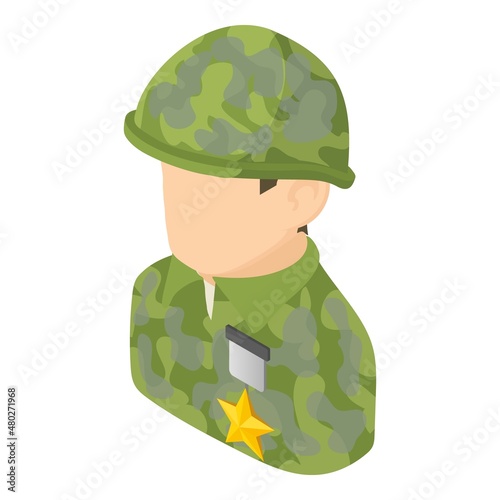 Military man icon isometric vector. Soldier, camouflage uniform with star badge. Hero, veteran, insignia, army, armed forces