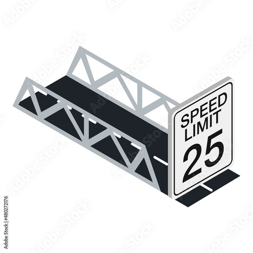 Speed limit icon isometric vector. Road bridge and restrictive road sign. Speed limit sign, limitation twenty five mph per hour, traffic regulations