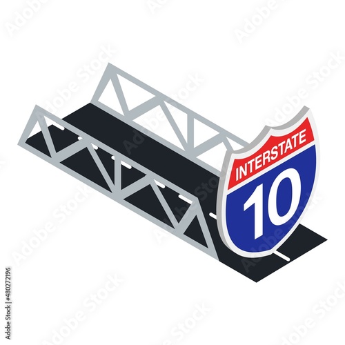 Interstate sign icon isometric vector. Road bridge and information road sign. Usa interstate highway system, number ten road sign, traffic regulations